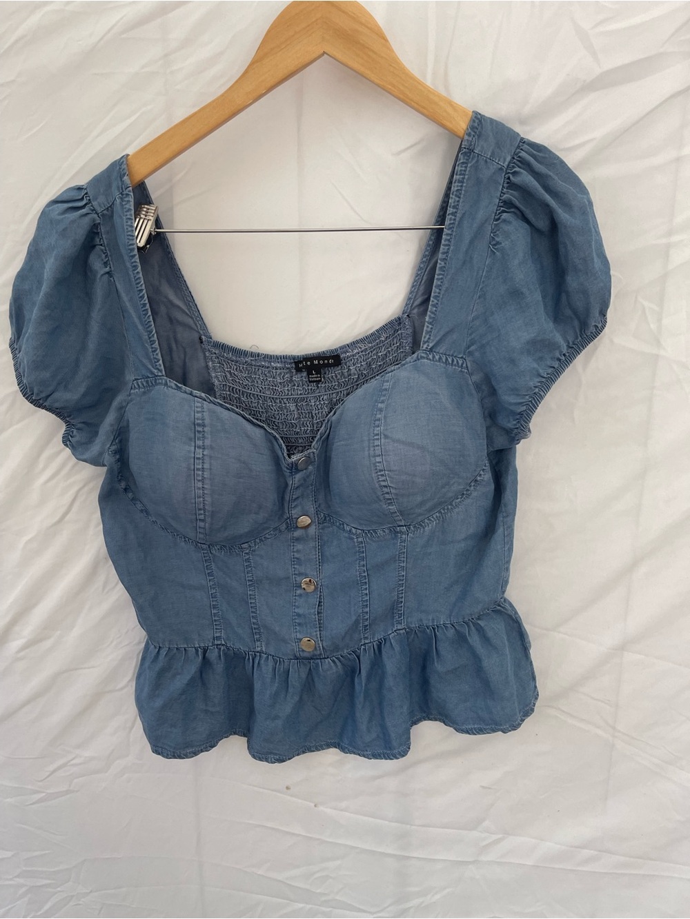 Light Blue Denim-Style Puff Sleeve Peplum Top- -Sz-Large